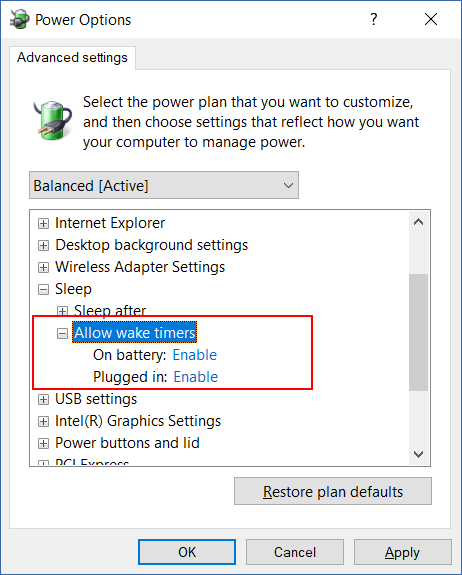 Power Options - Wake timers